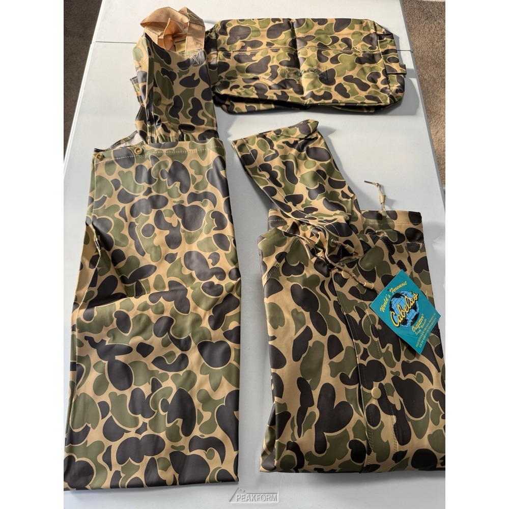 Vintage Cabelas PVC Rain Suit Set Mens XL Camo Bibs Coat Jacket Bag Hunting NWT
